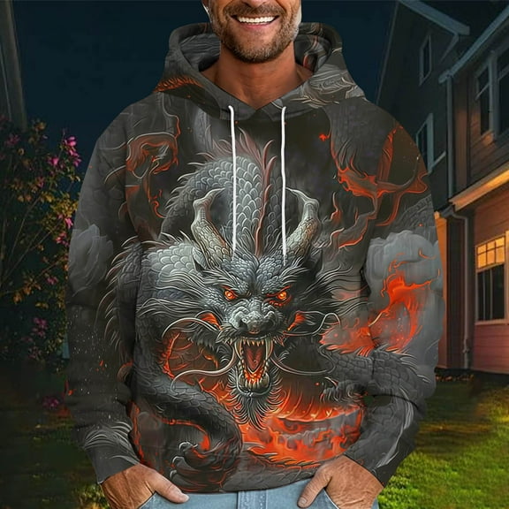 DODADAWANJ Trendy Hoodie for Men Dragon Graphic Pullover Hoodies Big and Tall Sweatshirt with Pocket for Vacation Resort Everyday XL