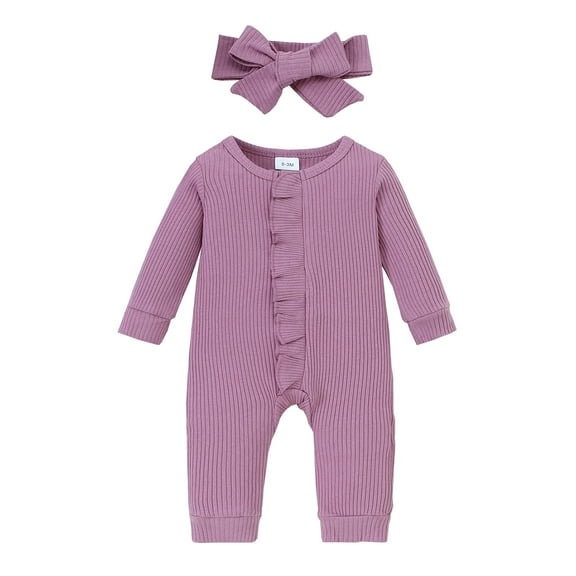 12 Months Baby Girls Clothes 18 Months Girls One-piece Bodysuit Solid Color Infant Girls Long Sleeve Crew Neck Romper with Headband Purple