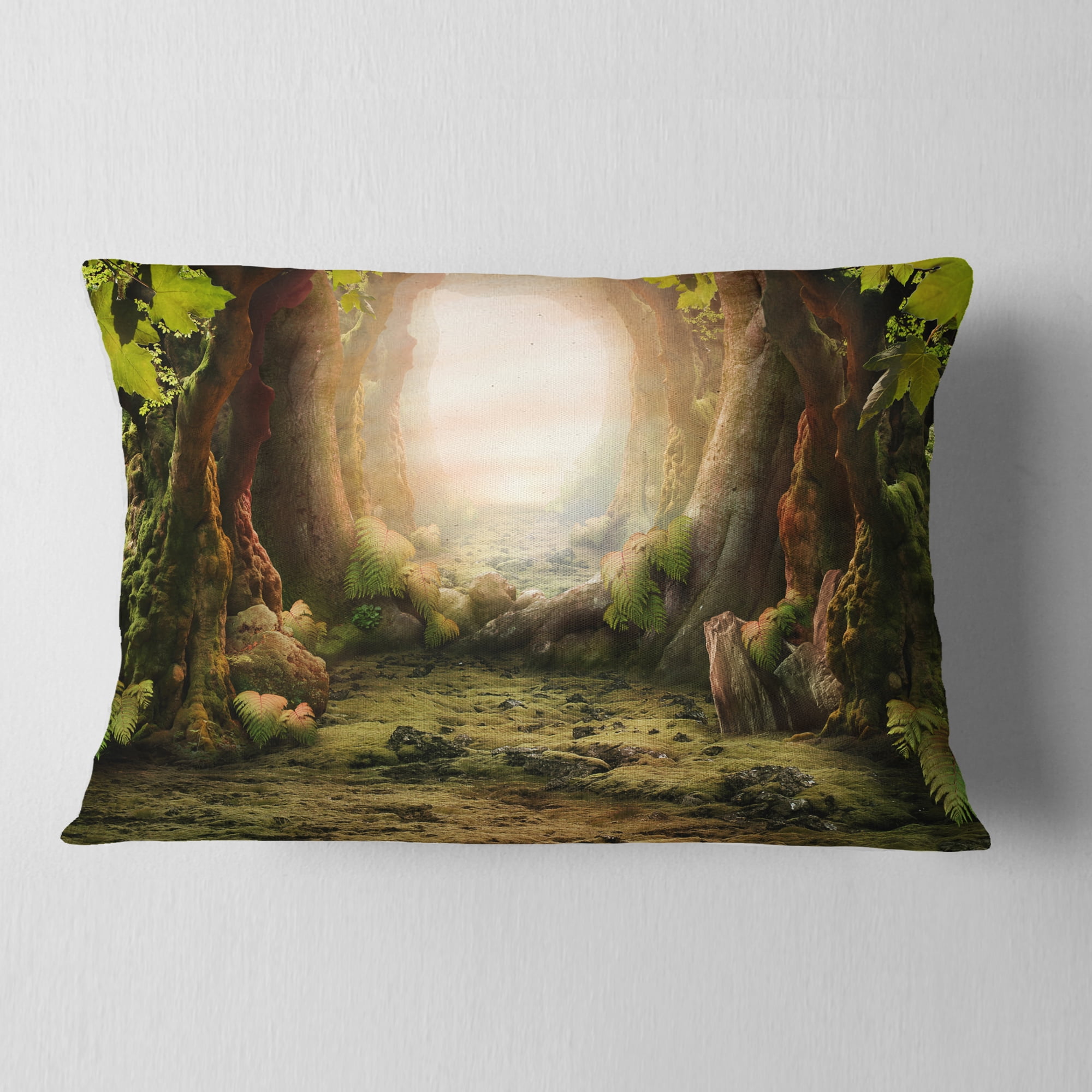 Designart Romantic Green Forest View - Landscape Photo Throw Pillow - 12x20