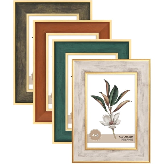 4 Pack Picture Frames Farmhouse Rustic Picture Frame Sets with Distressed Wood Grain,Display Pictures Tabletop or Wall Decor (Mix Color, 4x6 (4pc))
