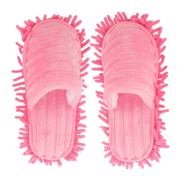 GOOHOCHY Pantuflas de rayas peludas para limpiar el suelo, con suela desmontable, talla M 38-41 (rosa)