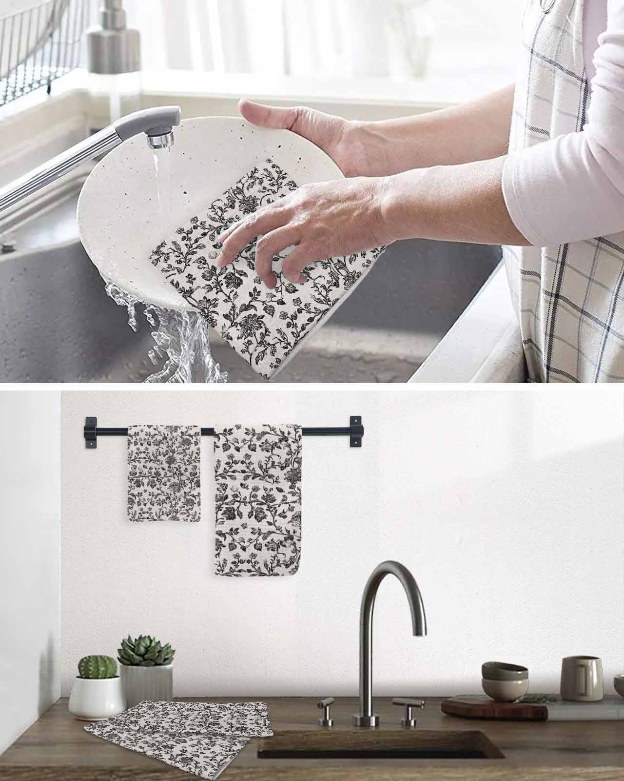 Farmhouse Black Kitchen Dish Towels for Drying Dishes Set of 3, Vintage Flower Leaf Botanical Plant Waffle Weave Microfiber Hand Tea Bathroom Towels Quick Dry & Absorbent Towel 15.7x23.6