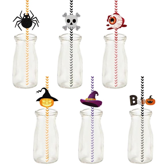 Yhmxh 24 Pack Halloween Paper Straws, Disposable Drinking Straws with Halloween Stickers, Pumpkin Skull Spider Eyeball Ornament Straw Decor for Halloween Party Cocktail Juice Table Decorations