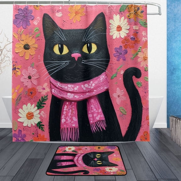 BZSMCE Shower Curtain and Bath Accessory Set,Friendly Black Cat Pattern