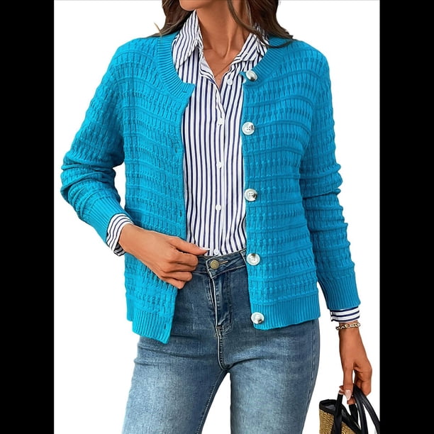 Cárdigan de Punto para Mujer, Informal, de Larga, con Botones, Abierto, Moderno, para Exteriores Azul Pavo Real S