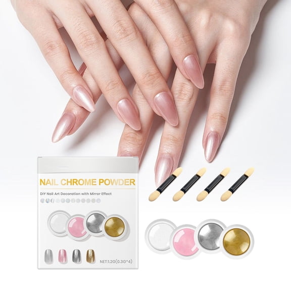 4 Colors Chrome Nail Powder, Chrome Powder for Nails, Iridescent Aurora Metallic Mirror Effect Pigment Glitter Gold Silver White Pink for Home Nail Art Decoration DIY Salon Manicure, Christmas Gift