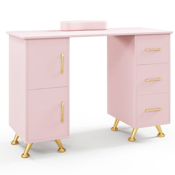 Costway Wooden Nail Desk Station with Removable Wrist Rest Metal Legs & 3 Drawers, 2 Cabinets Pink