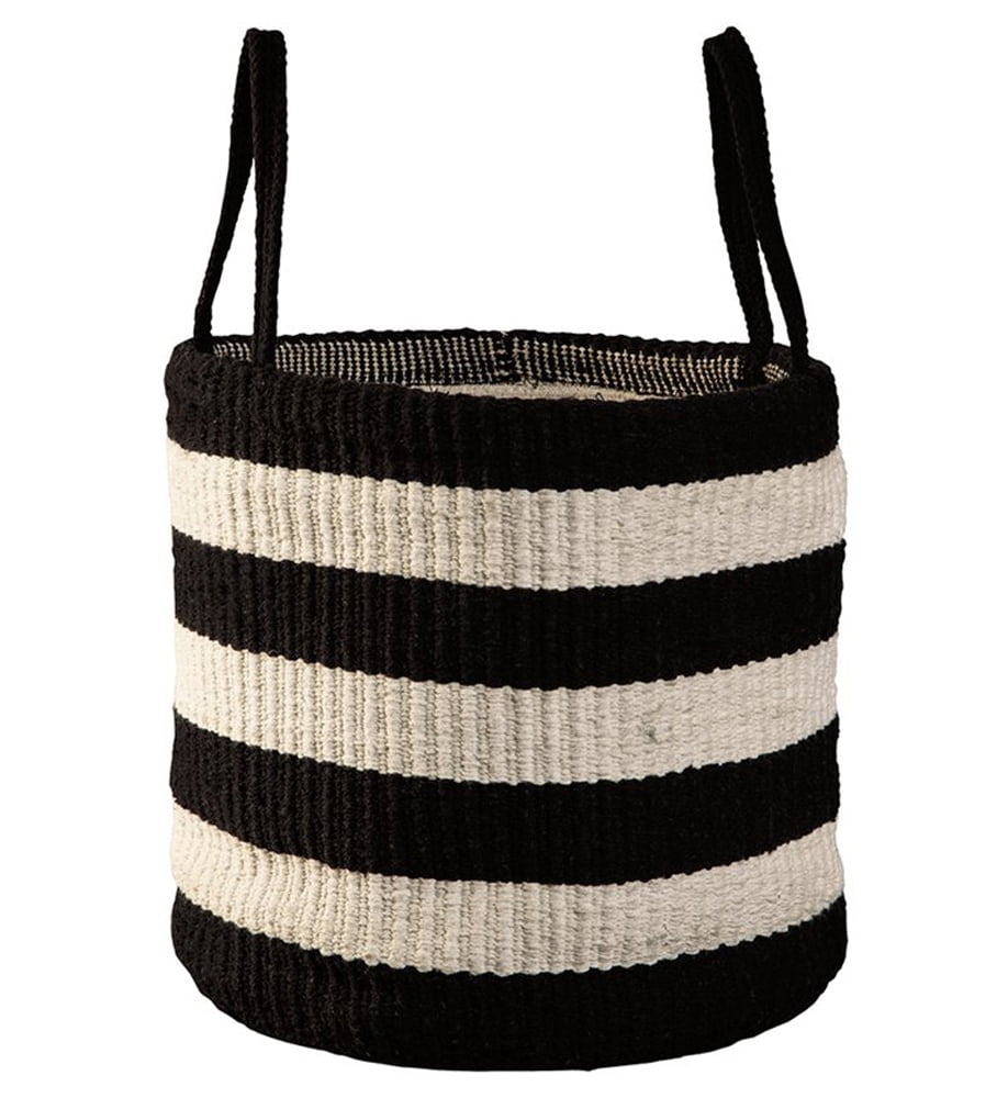 Stripe Design Cotton Woven Basket with Braided Handles, White and Black