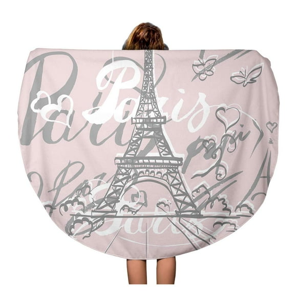 POGLIP 60 inch Round Beach Towel Blanket Tower Tour Eiffel Romantic Heart Love Paris Abstract Architecture Travel Circle Circular Towels Mat Tapestry Beach Throw