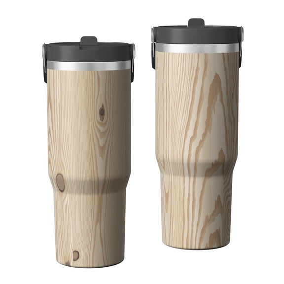 30oz Tumbler with Handle, Insulated Stainless Steel Cup with Flip Straw Lid, Leak-Proof & Cup Holder Friendly for Travel and Sports ,Wood Print