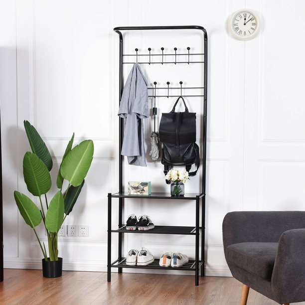 18 Hooks Metal Entryway Coat Clothes Hat Garment Rack w/ 3Tier Shoes