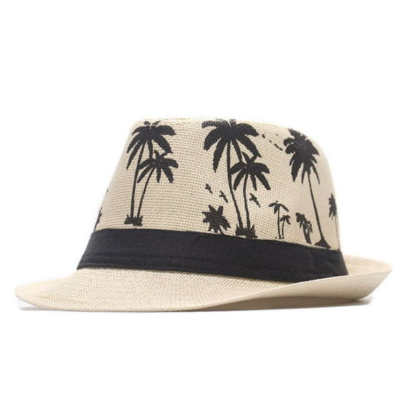 56-58cm hat circumference men and women coconut tree pattern jazz hat summer beach sunshade straw hatBeige