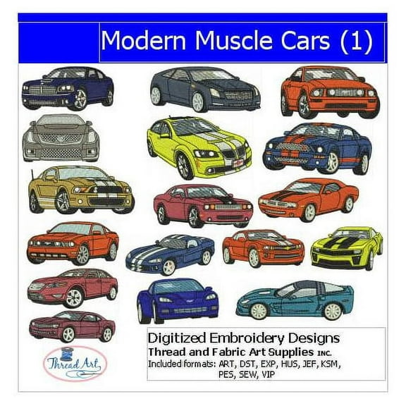 Threadart Machine Embroidery Design Bundles - Hobby & Activity Sets - Modern Muscle Cars(1) - Loaded on USB Stick - Over 15 Sets Available
