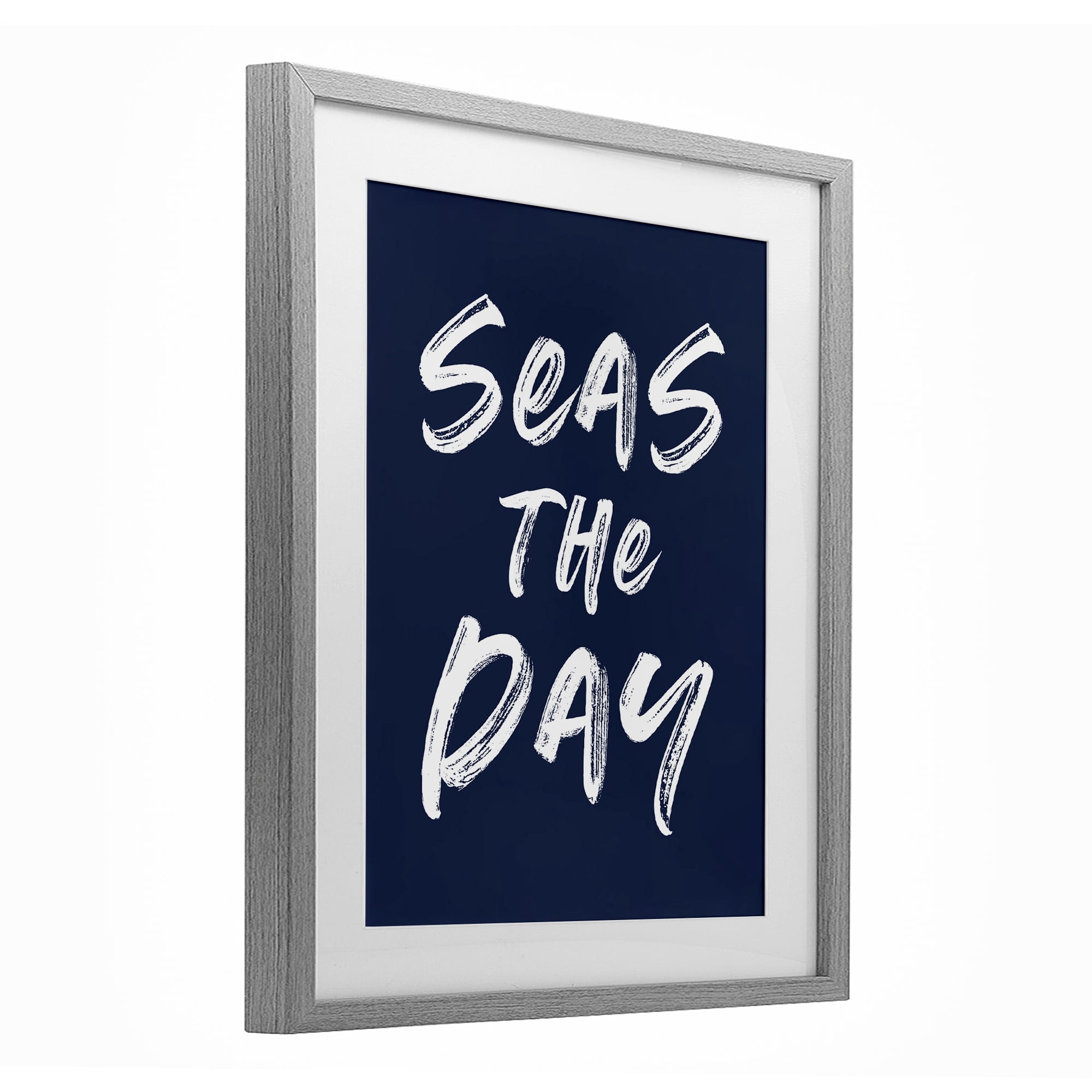 Seas The Day Sentiment Gray Framed Print Under Glass, design by Lettered and Lined