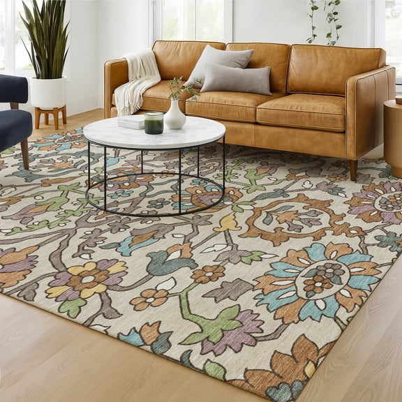 Addison Rugs Chantille Indoor/Outdoor Transitional Floral Beige Machine Washable Rectangle Rug, 10' x 14'
