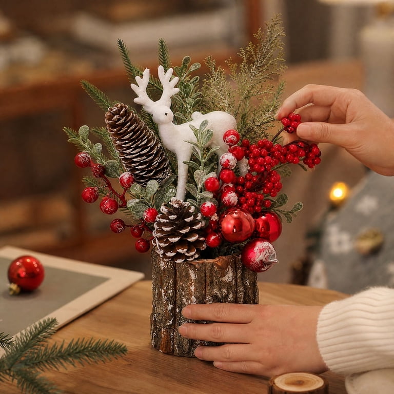 Wood Rustc Rustic Christmas Table Decor with Tree Stump Base and White Deer, Wood ...