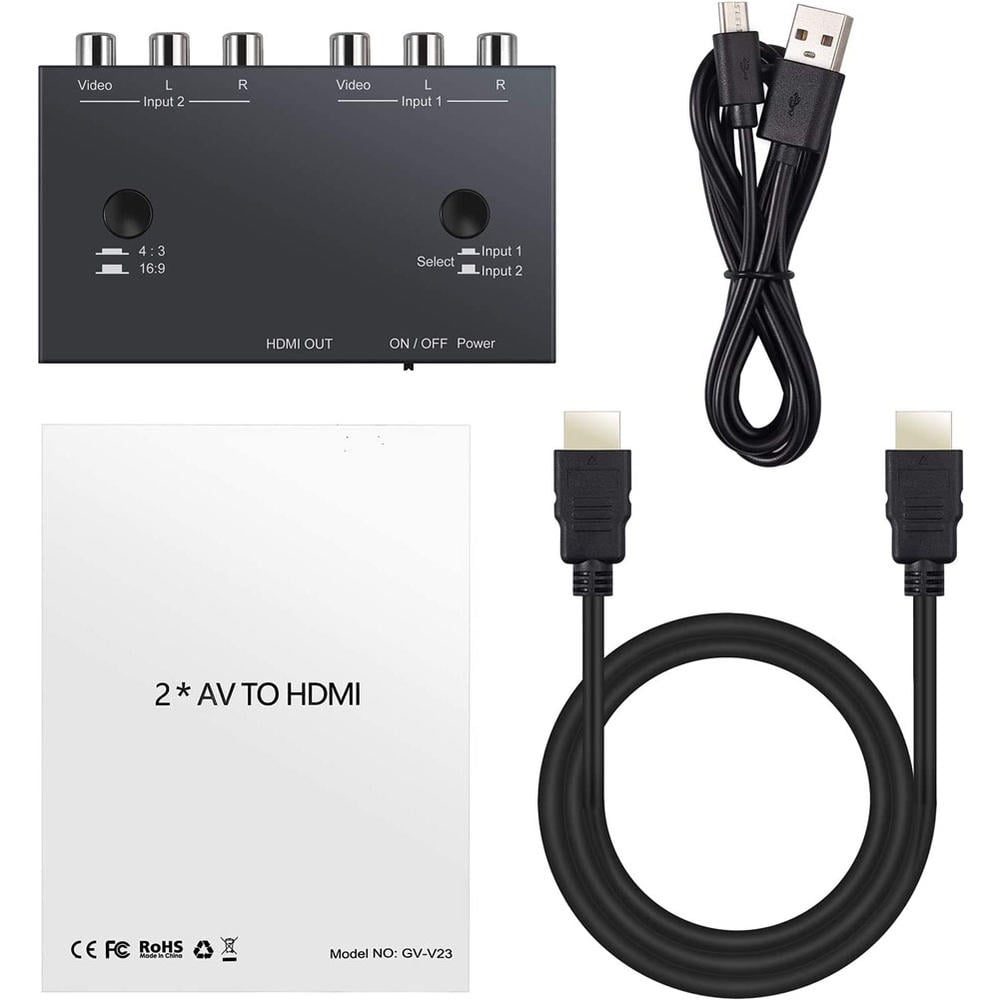 2 Port AV to HDMI Converter,RCA to HDMI,Dual AV to HDMI Converter AV Switch RCA to HDMI Adapter Support 16:9/4:3 PAL/NTSC Compatible with WII PS1 PS2 PS3 VHS VCR DVD Players -