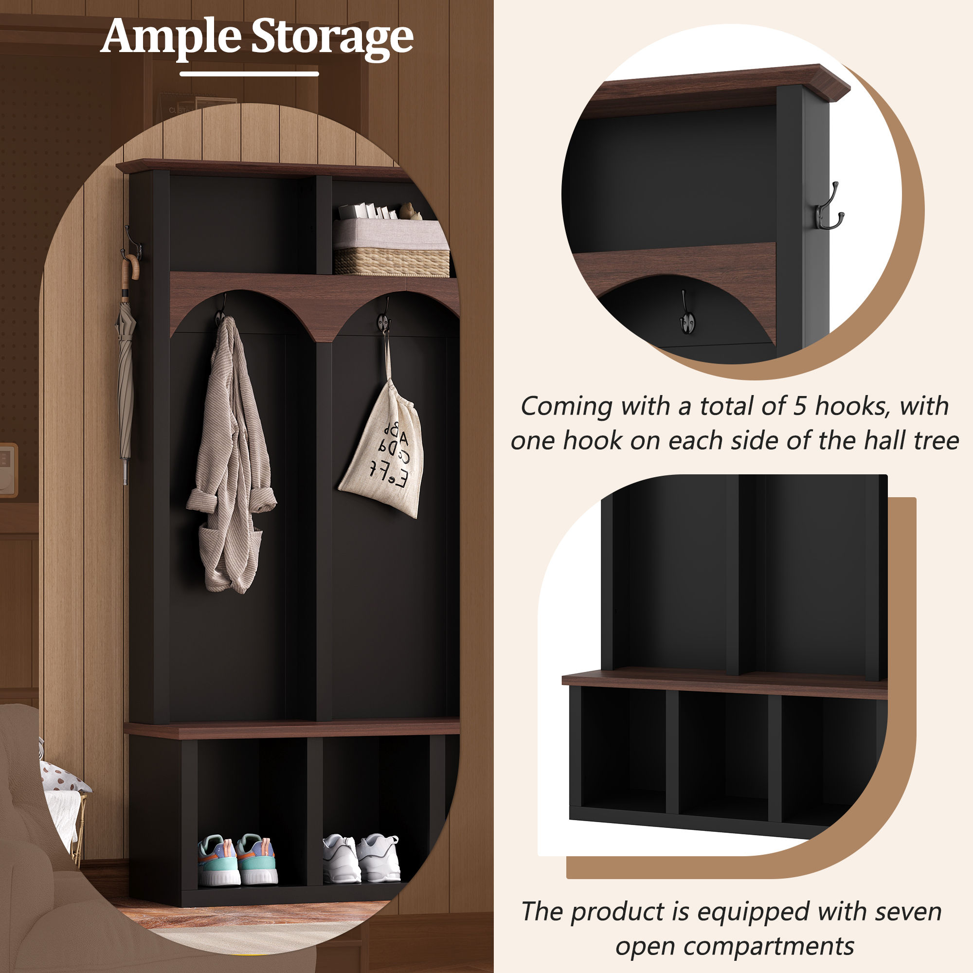 Euroco Farmhouse Wooden Style Hall Tree with Arched Design, Practical Entryway Walnut Storage Bench with 5 Black Hooks, Minimalist 4-in-1 Hallway Shoe Cabinet with 7 Cubbies