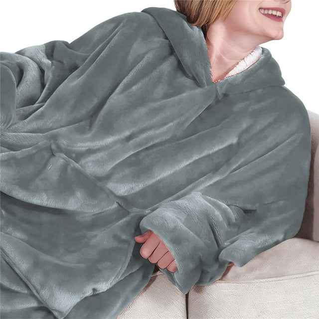 Sudadera con Capucha Tipo Manta para Mujer, de Forro , Cálida y Acogedora, con Bolsillo. Gris Normal Talla Única