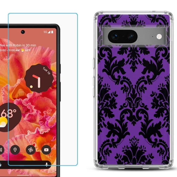 Slim-Fit Gel TPU Phone Case for Google Pixel 7, with Tempered Glass Screen Protector, by OneToughShield ® - Victorian Purple/Black