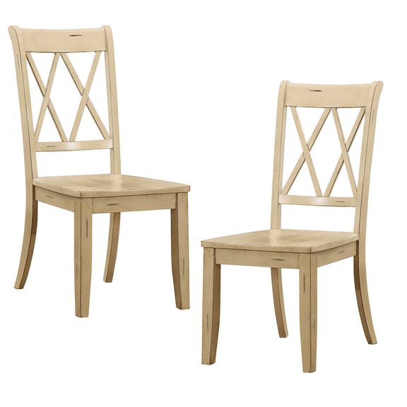 Casual Buttermilk Finish Chairs Set of 6, Pine Veneer Transitional Double-X Back Design Dining Room Chairs