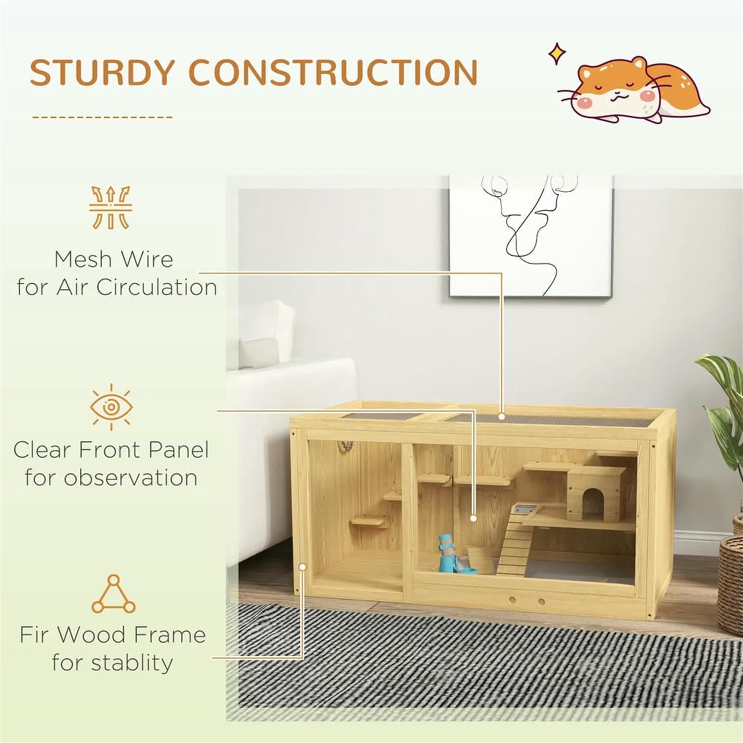 Kadyn 39" Wooden Hamster Cage with Pull-out Tray, Seesaws, Ladder, Large Small Animal Habitats for Guinea Pig Cages, Beige