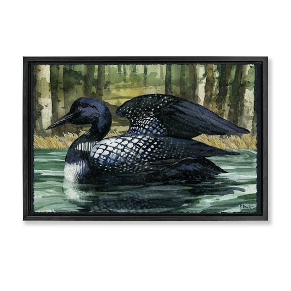 Stupell Industries Swimming Woodland Loon Animals Painting Black Floater Framed Canvas Art Print Wall Art, 25 x 17