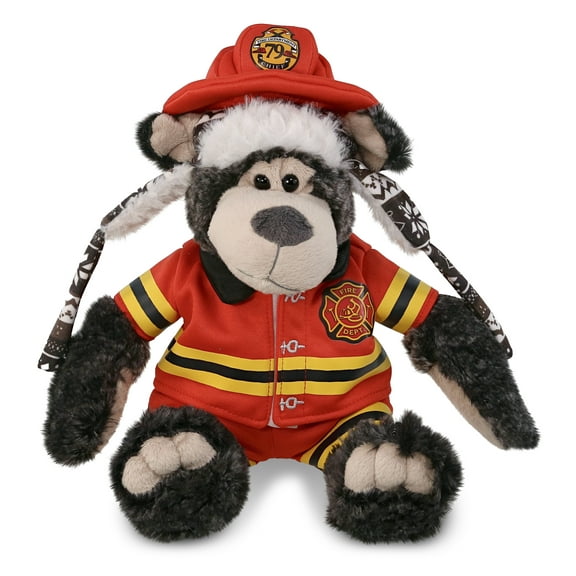 DolliBu Black Bear Firefighter Stuffed Animal - Super Soft Fireman Toy with Red Fireman Costume Outfit and Fireman Hat, Cute Wild Life Stuffed Animal Fire Fighter Doll Plush Toy for Kids - 12.5 Inch