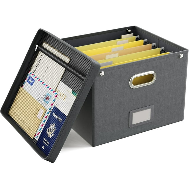 File Organizer Box File Box for Letter Size Files Storage Hanging File Folder Organizer with Mesh Pocket on Lid Portable Filing Box with Handle for Office/Home/School( )