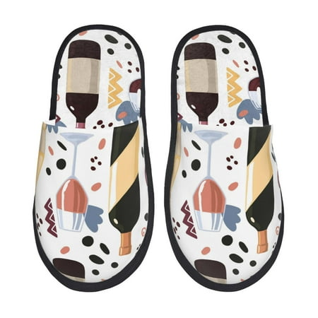 Balery Wine Bottles Glasses Slient Indoor Furry Fleece Comfort House Shoes Soft Non-Slip Home Shoes Cotton slippers House Slippers-- Medium