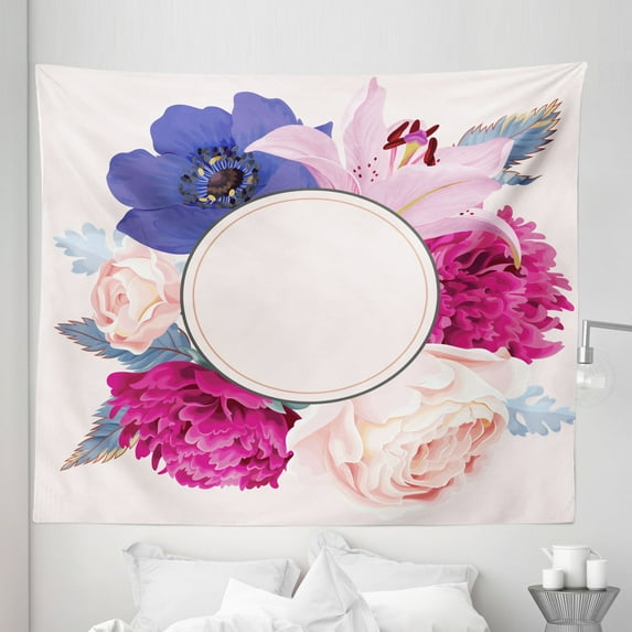 Floral Tapestry, Abstract Vintage Bouquet of Exotic Various Flowers and a Center Round, Fabric Wall Hanging Decor for Bedroom Living Room Dorm, 5 Sizes, Pale Pink Multicolor, by Ambesonne