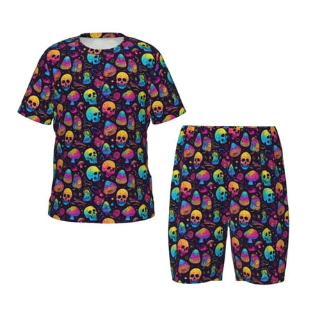 Luyuia mushroom color Skull Print Girls  2-Piece Tie-Dye Pajama Set  Cute Summer Loungewear with Shirt and Tank Shorts Nightwear-3X-Large