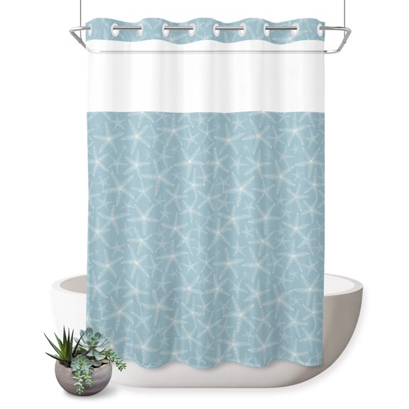 No Hook Shower Curtain, Blue Starfish Coastal Shower Curtains for Bathroom with See Through Top Window, Nautical Seaside Ocean Summer Beach Waterproof & Washable Bath Curtain Stall 48"x72"
