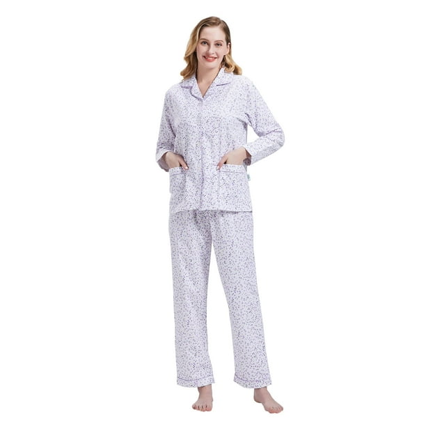 GLOBAL Conjunto de Pijamas de Franela para Mujer, Pijamas 100% Algodón para Mujer, Ropa de Estar por Casa, Manga Larga, Botón, Cordón en la Cintura, Ropa de Dormir Cálida, Flor Púrpura M