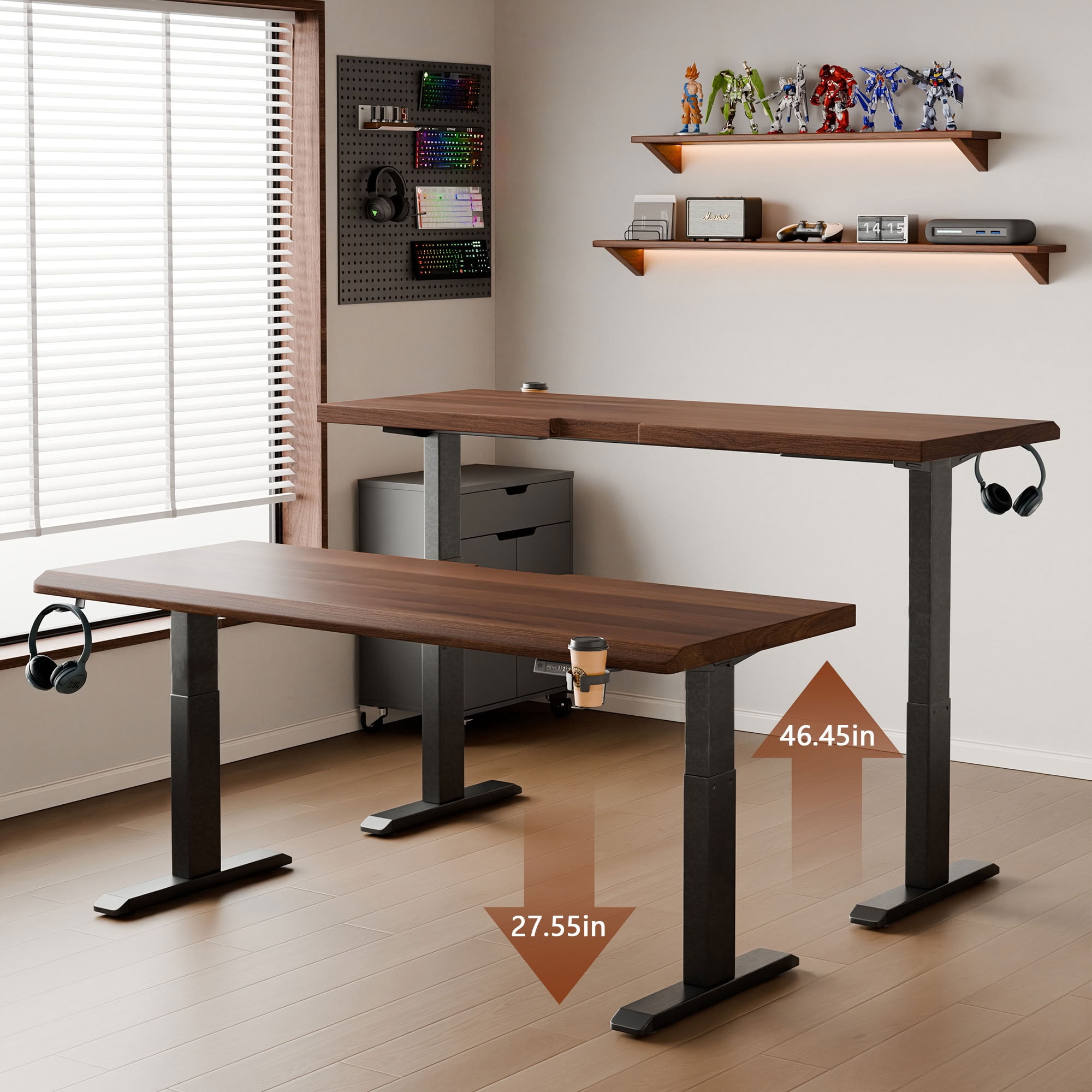MAYEERTY Electric Height Adjustable Standing Desk, Solid Rubberwood Sit Computer Desk with Single Motor, for Home Office, Study and Gaming