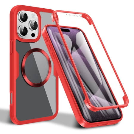 Dteck Magnetic for iPhone 16 Pro Max Case Compatible with MagSafe Built-in Screen Protector Camera Protection Double Sides Full Body Protective Clear Cover for iPhone 16 Pro Max Red