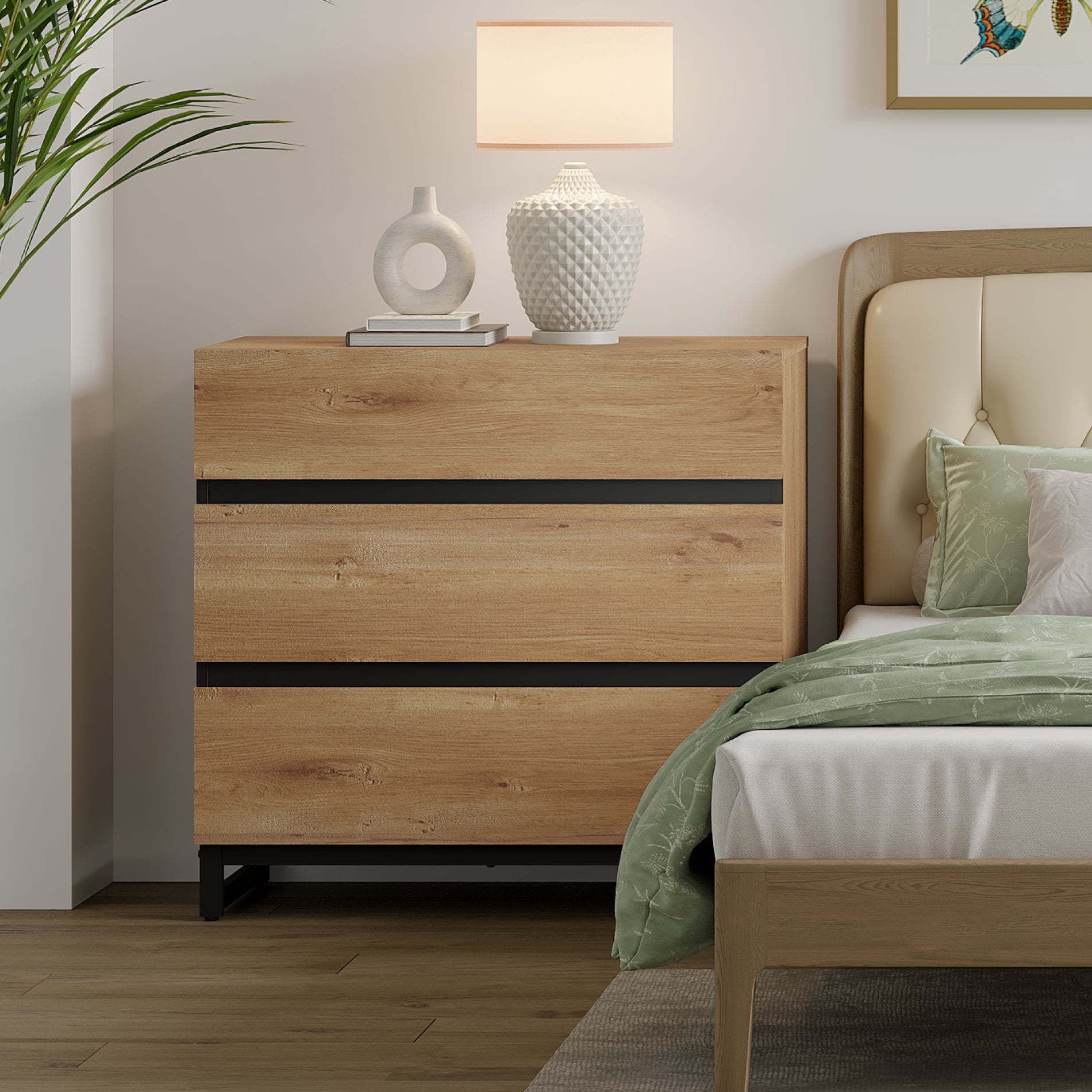 2 Pack Modern Rustic Wood Nightstand, 3 Drawers Bedside Table with Black Square Iron Legs, Oak