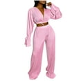 thumbnail image 2 of Babysbule Womens Pajamas Sports Sets Fashion Women Casual V-Neck Bandage Long Sleeve Wrinkled Long Pant Set Tops, 2 of 5