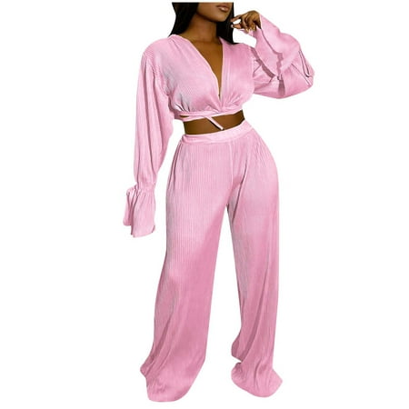 

oieyuz Two Piece Sets for Women Vacation V-Neck Strapped Long Sleeve Wrinkled Long Pant Sets