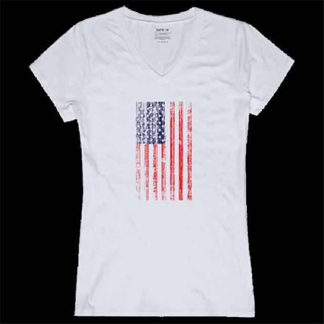 Rapid Dominance GS2-800-WHT-01 T-Shirt à Manches Courtes à Col en V pour Femmes, Graphique de Drapeau Usé, Blanc - Petit