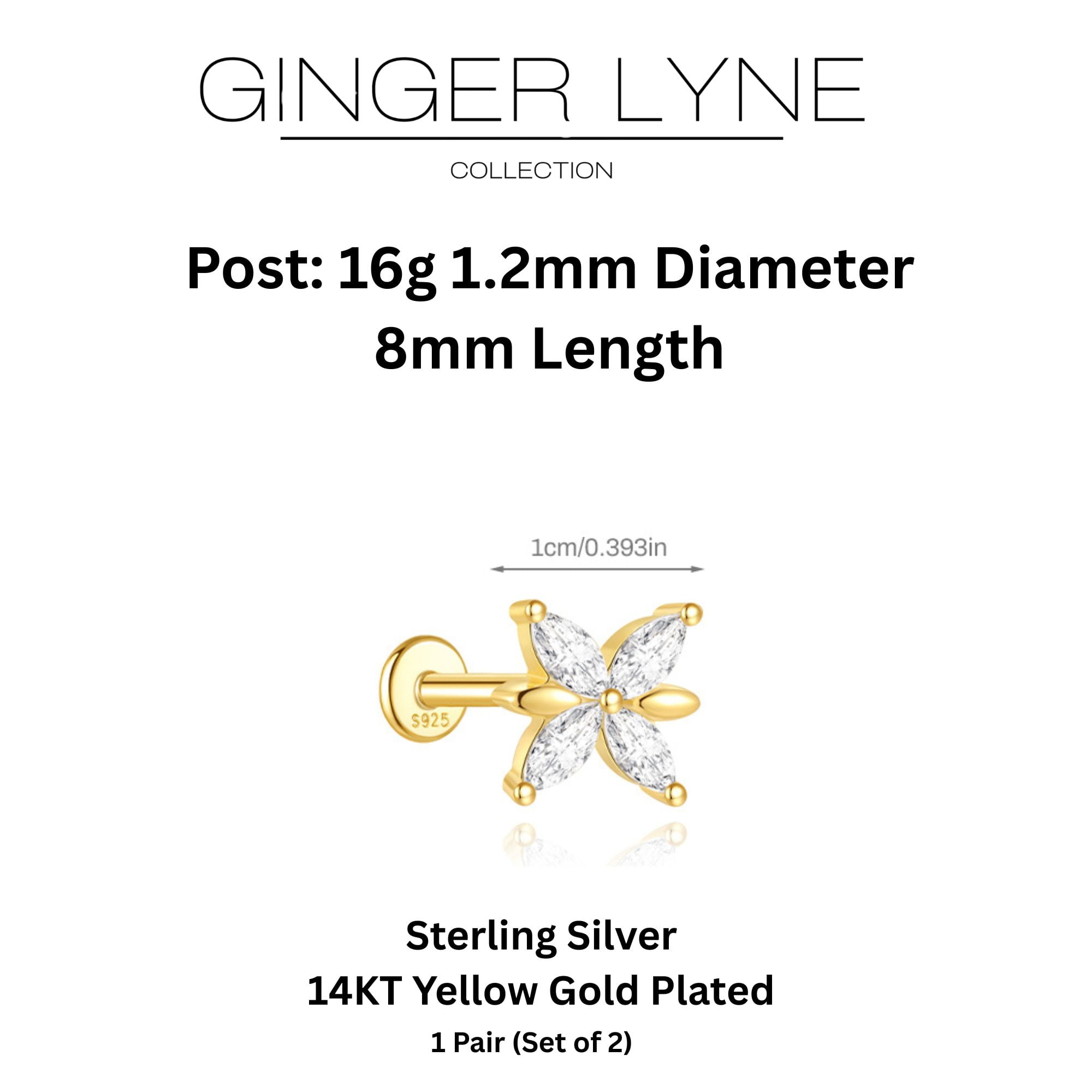 Butterfly CZ Flat Back Earrings for Cartilage Helix Tragus Lobe 16g Gold Plated Sterling Silver 1 pair by Ginger Lyne