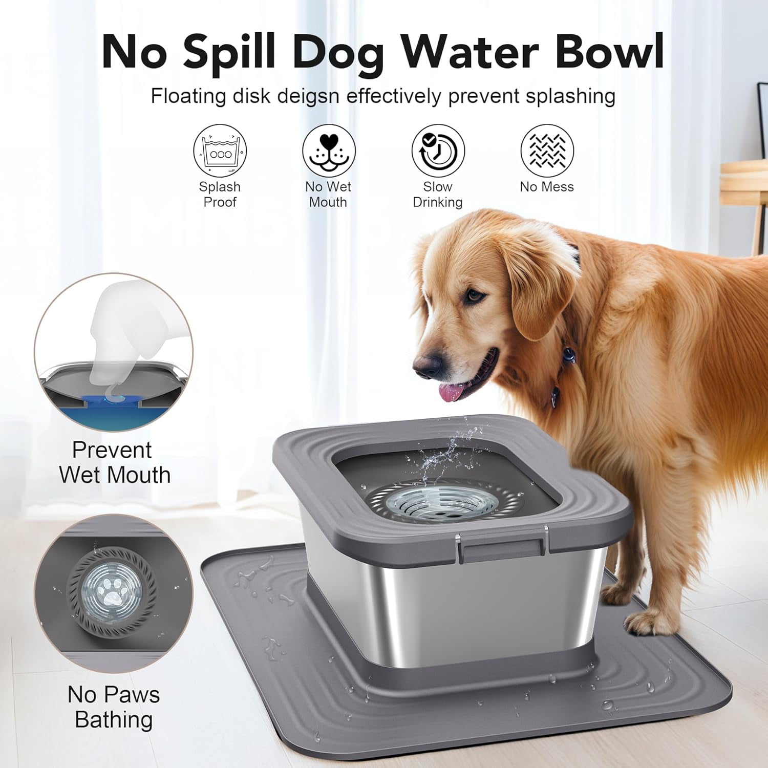 10L Stainless Steel Dog Water Bowl, No Spill Anti-Splash Dog Bowls with XXL Silicone Mat, Spill-Proof Slow Feeder for Messy Drinkers, Heavy Duty Pet Bowls for Indoor/Outdoor Use Black