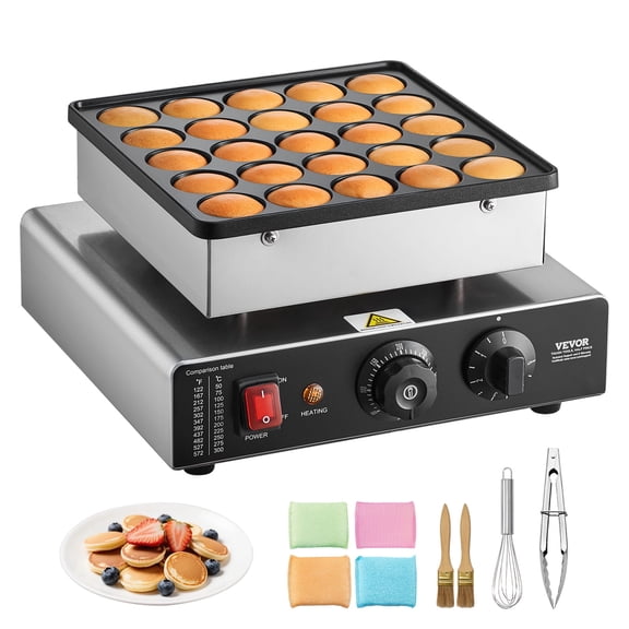VEVOR Mini Pancake Maker, 25PCS 43mm Diameter Dutch Muffin Waffle Baker, Non-stick Stainless Steel Poffertjes Grill, Commercial Electric Dorayaki Machine, Temp & Time Control, Home Kitchen Restaurant