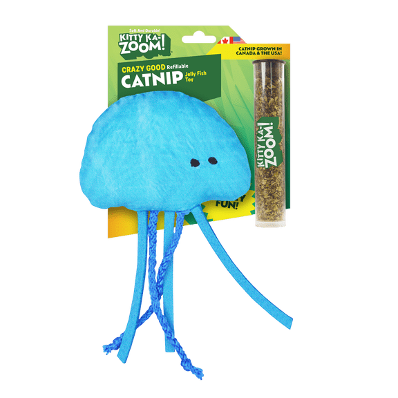 Kitty Ka-Zoom Jellyfish Cat Toy, Refillable Catnip Plush Toy, Soft, High Potency Grown Catnip