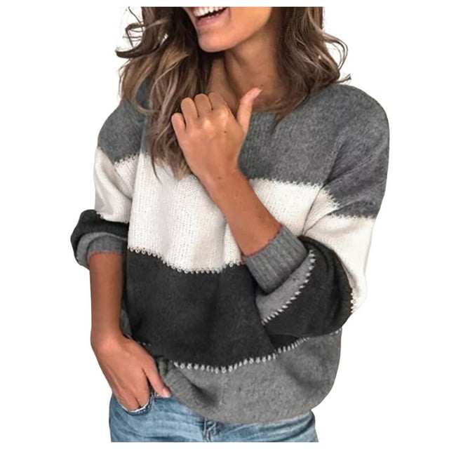 GDREDA Women's Sweaters Casual Long Sleeve Crewneck Color Block Patchwork Pullover Knit Sweater Tops Grey,XXL
