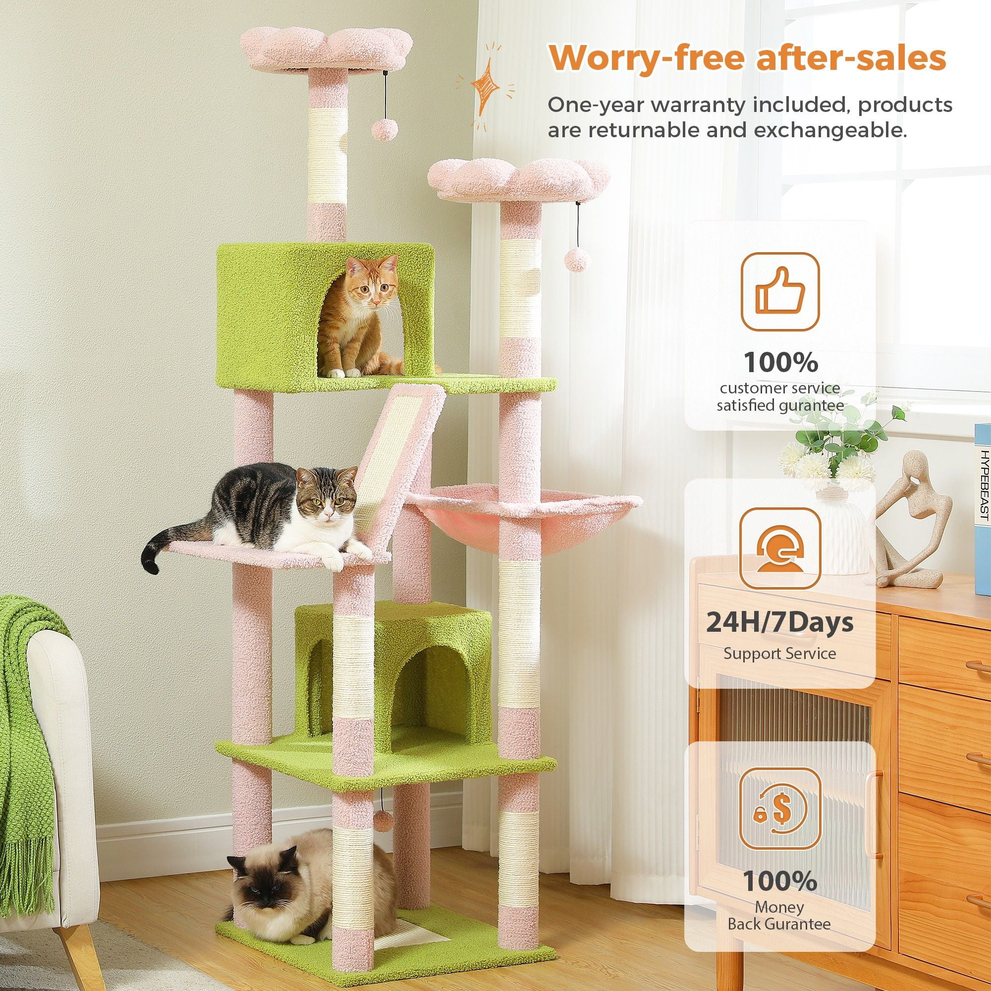 Kadyn 70" Large Cat Tree for Indoor Cats, Multi-Level Cat Tower Cat Scratching Post with 2 Perches, 2 Condos, Hammock and 2 Pompoms, Pink