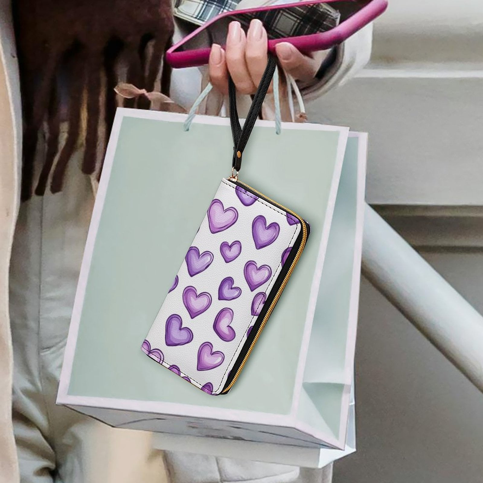 Womens Wallet Bifold Ladies Cluth Bag Wristlet Wrist Strap Long Purse Purple Hearts Design