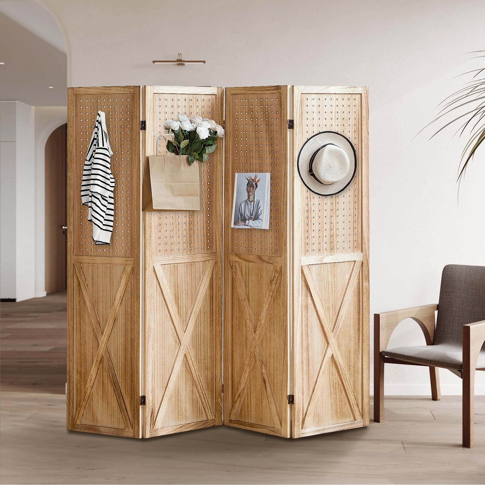 Aletheiawu 4 Panel Wood Room Divider Folding Privacy Screens, No Installation Required, Light Brown