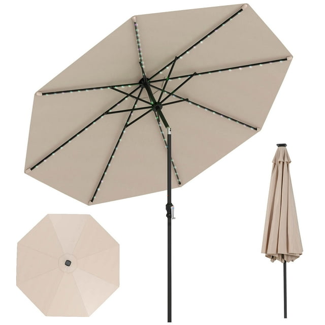 Costway Parasol de Patio Solaire de 10 Pi avec 96 Lumières DEL, Inclinaison Réglable à 35°, Toit Ventilé, Beige