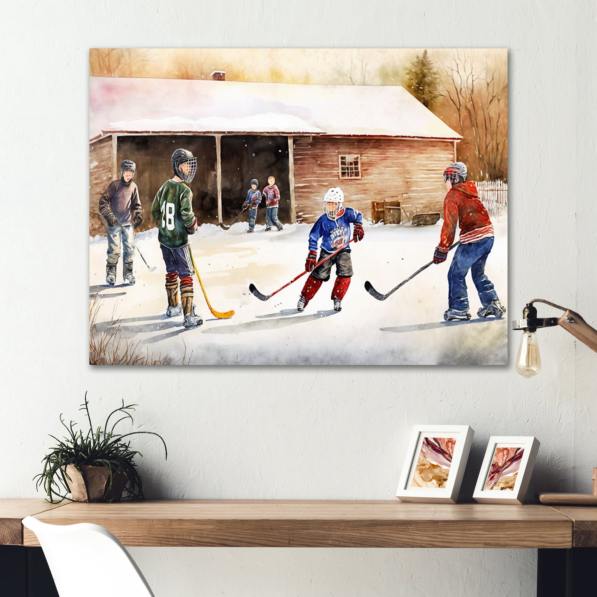 Designart Kids Playing Hockey On Ice Rink III Canvas Wall Art
